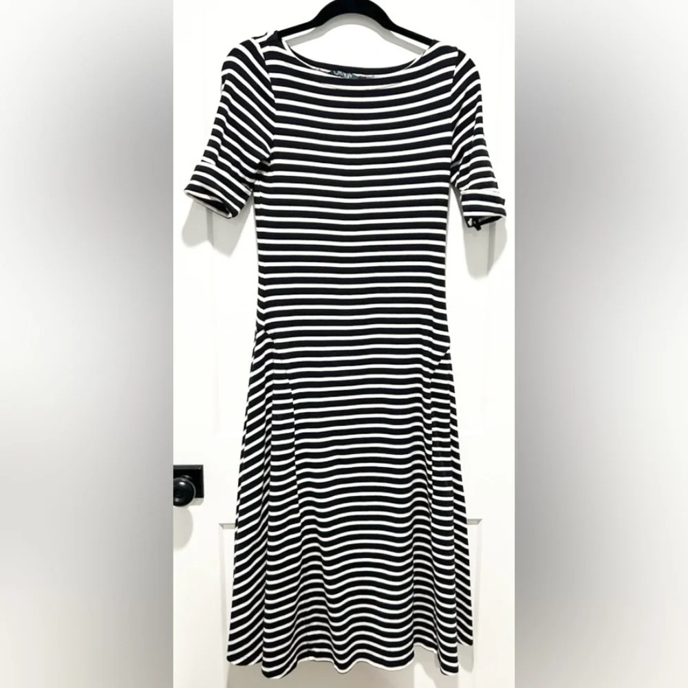 Lauren Ralph Lauren Striped Midi Dress Fit Flare Black White Quiet Luxury - Picture 3 of 9